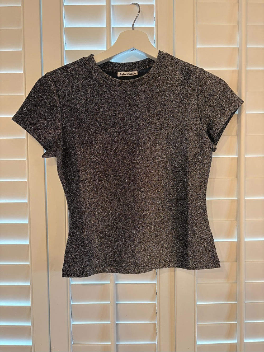 Reformation Metallic Sparkle Short-Sleeve Top in Black